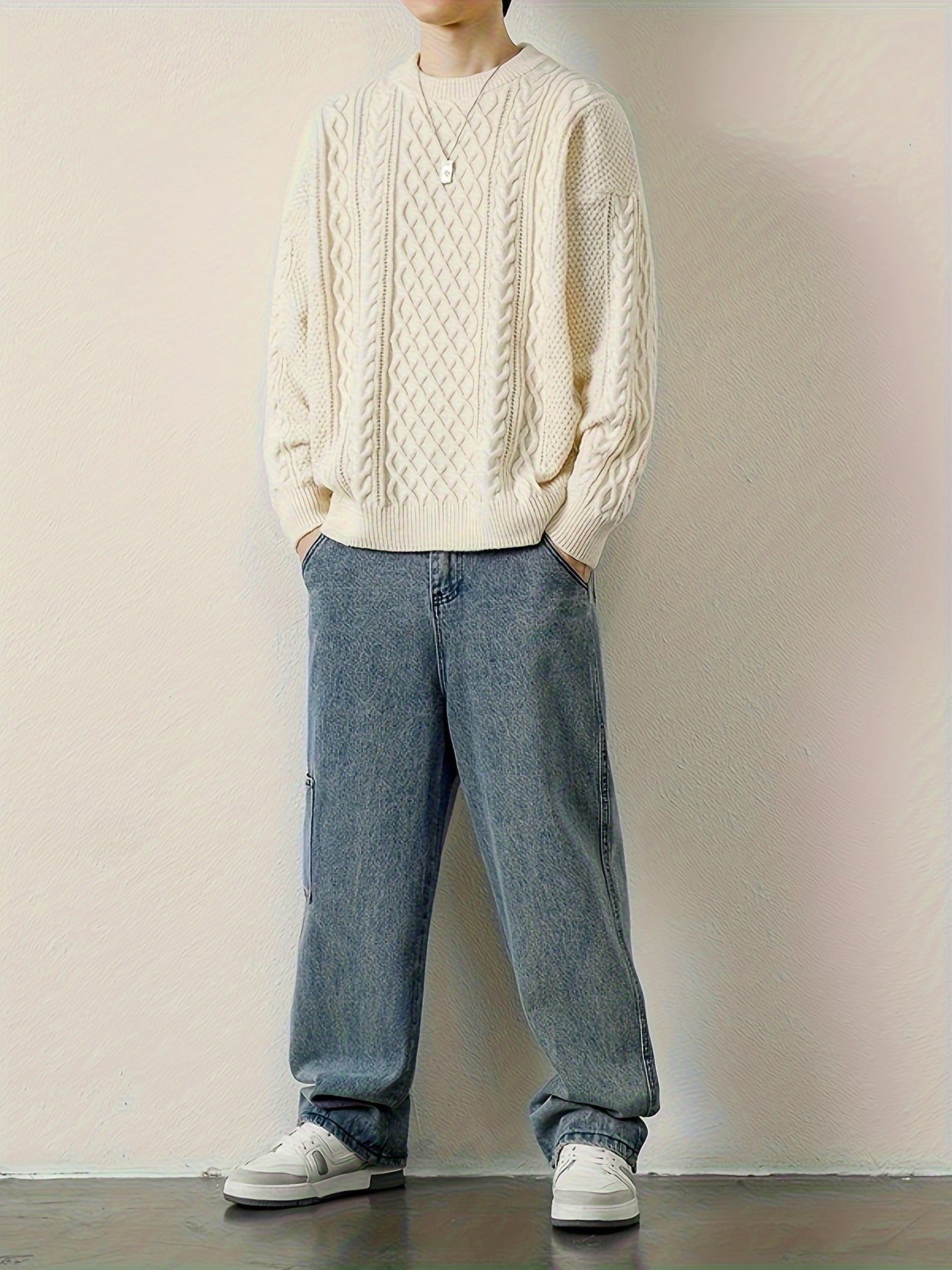 Men's comfortable cable knit sweater, perfect for everyday casual wear.