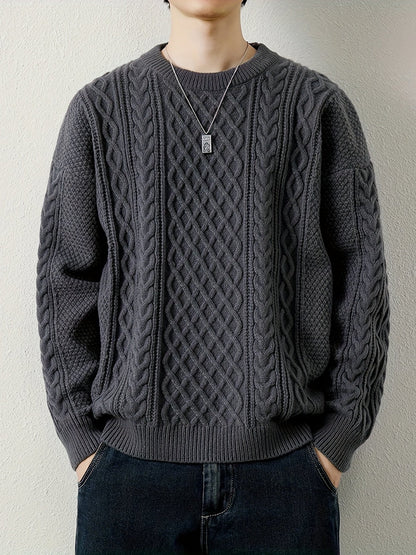 Classic men's winter pullover, a cozy cable knit jumper for warmth.