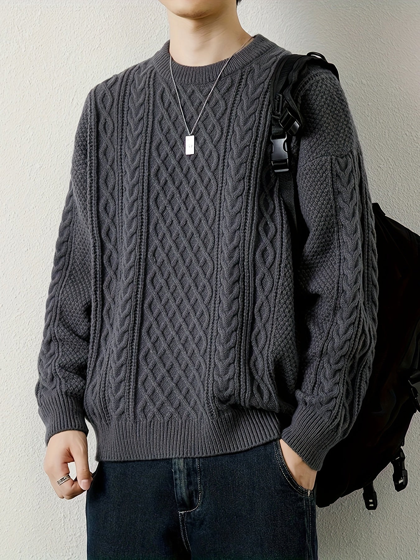 Stylish men's casual cable knit sweater, offering comfort & warmth.