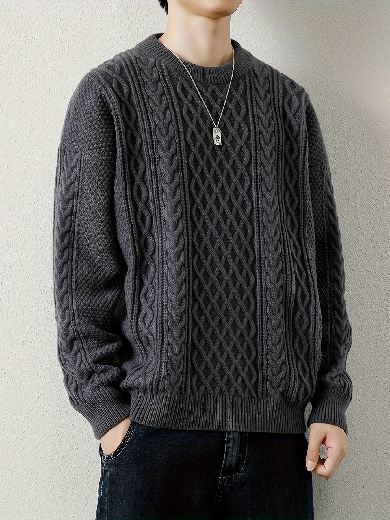 Men's cozy cable knit jumper, a versatile pullover for chilly days.