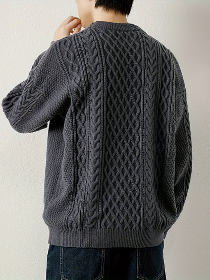 Warm men's cable knit sweater, ideal for casual and stylish winter outfits.