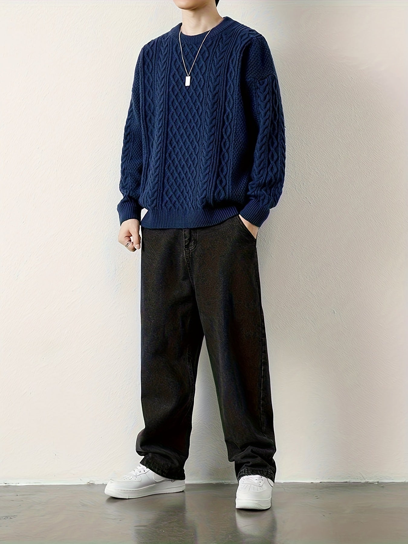Stylish men's cozy cable knit jumper, perfect for layering & winter warmth.
