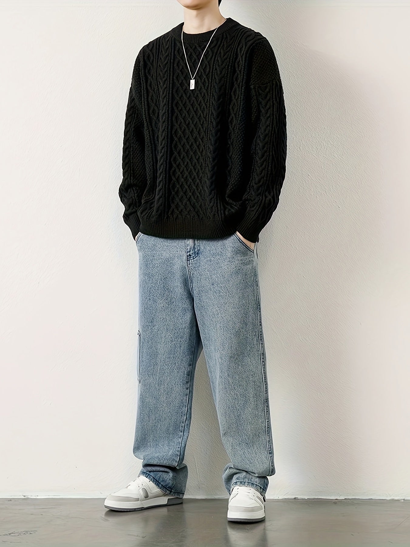 Men's stylish cable knit pullover, a warm sweater for everyday winter comfort.