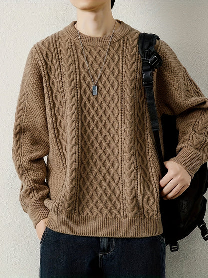 Classic men's chunky cable knit jumper, offering cozy warmth & style.