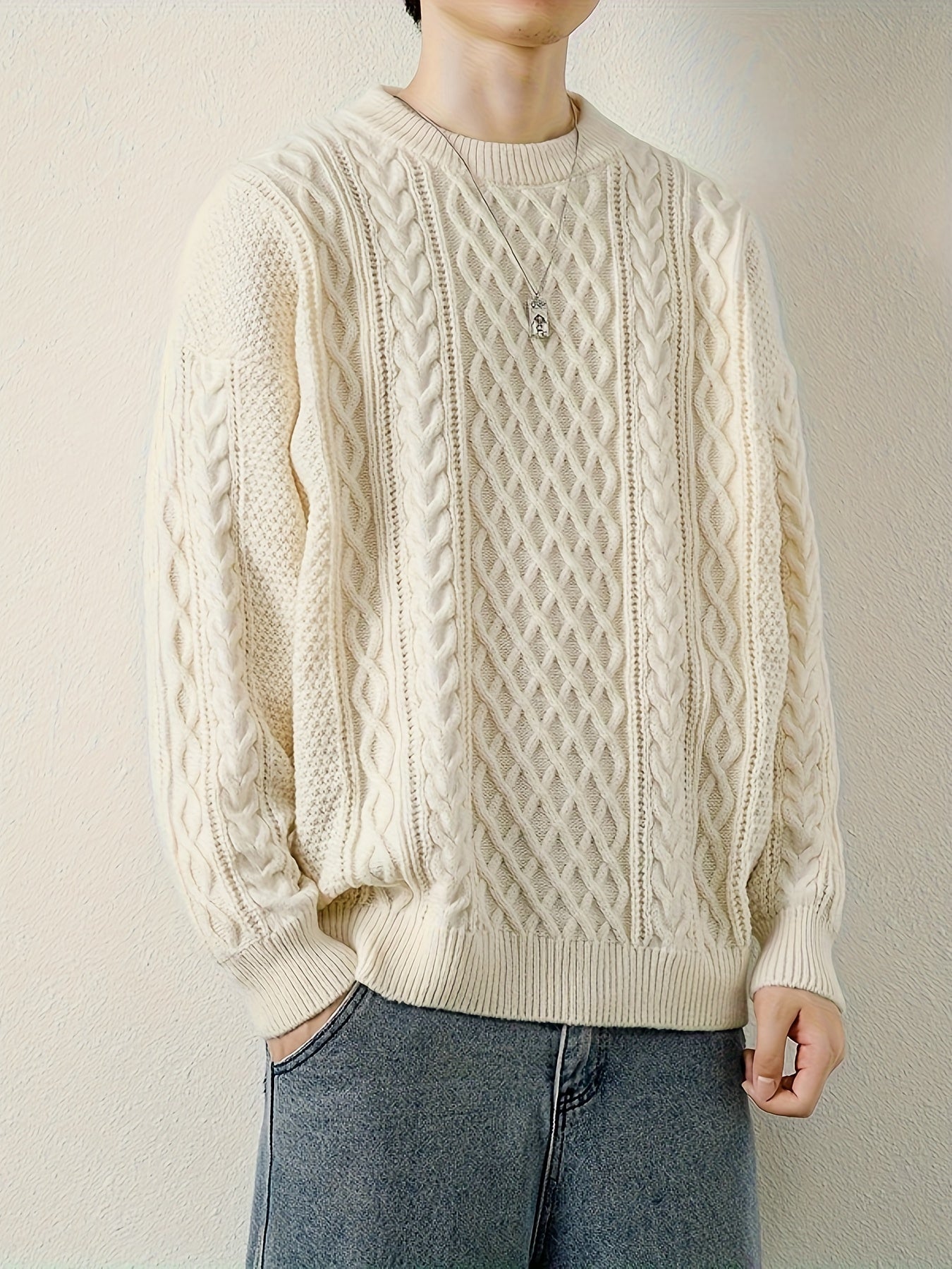 Everyday men's cable knit sweater, a comfortable pullover for winter.