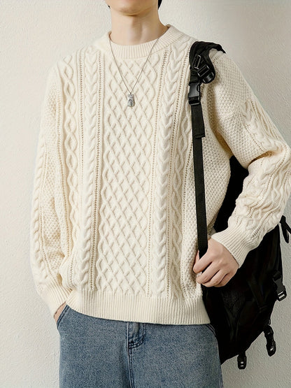 Warm men's cable knit pullover sweater, essential for winter comfort.