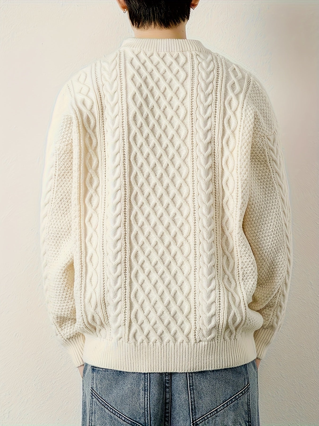 Casual men's cable knit jumper, a cozy and stylish winter staple.