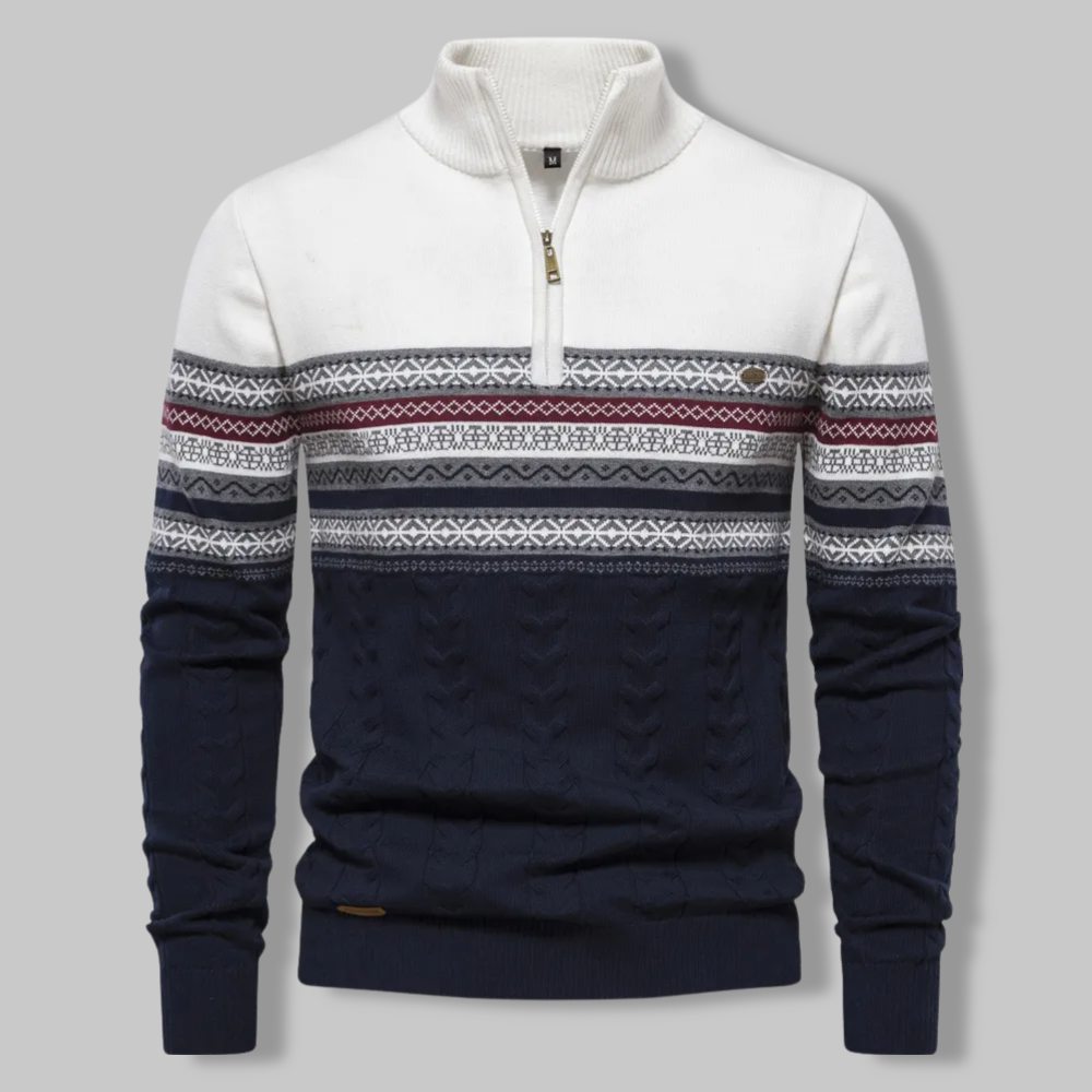 Men's cozy cable knit quarter zip sweater, perfect for winter layering & cold weather.