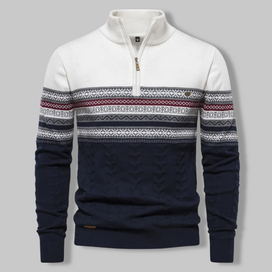 Men's cozy cable knit quarter zip sweater, perfect for winter layering & cold weather.