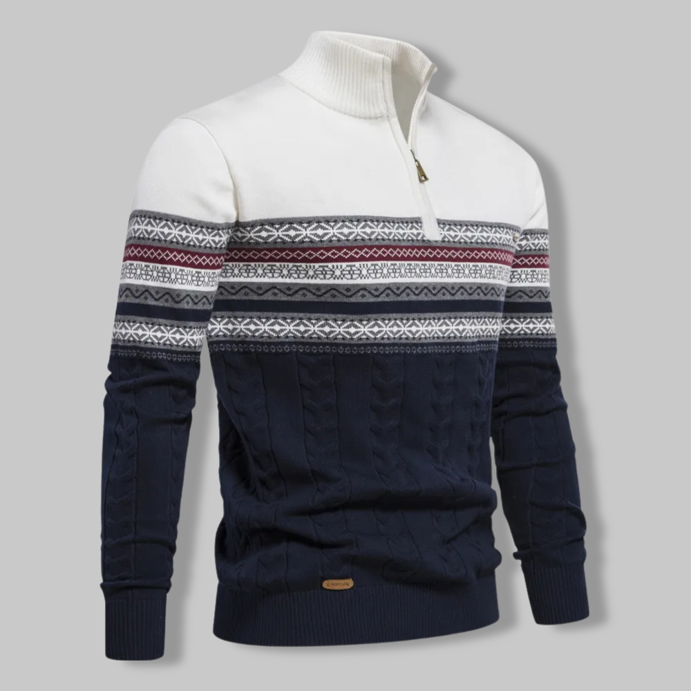 Stylish men's cable knit quarter zip pullover with alpine pattern, ideal for casual looks.