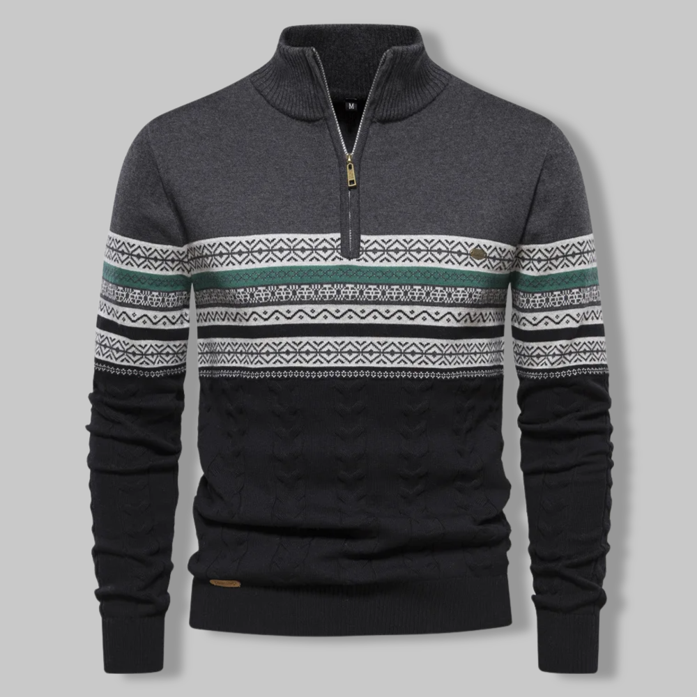 Cozy men's long sleeve cable knit quarter zip sweater, great for layering in cold weather.