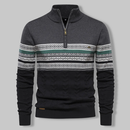Cozy men's long sleeve cable knit quarter zip sweater, great for layering in cold weather.