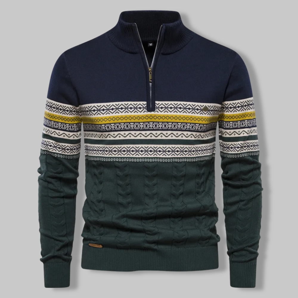 Warm men's cable knit quarter zip pullover for winter fashion, perfect for a layered look.
