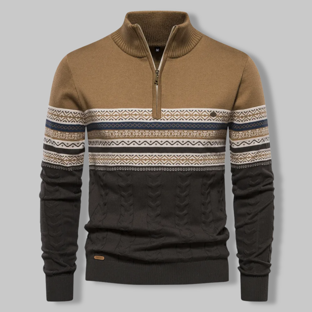 Men's cable knit quarter zip sweater in a classic style, ideal for stylish cold weather wear.