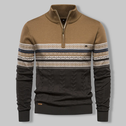Men's cable knit quarter zip sweater in a classic style, ideal for stylish cold weather wear.
