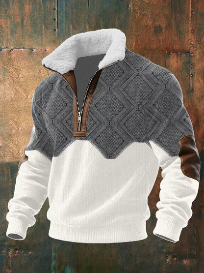 Men's cozy dark grey zip-up sweater for fall and winter. Warm, comfortable long-sleeve knit perfect for layering.