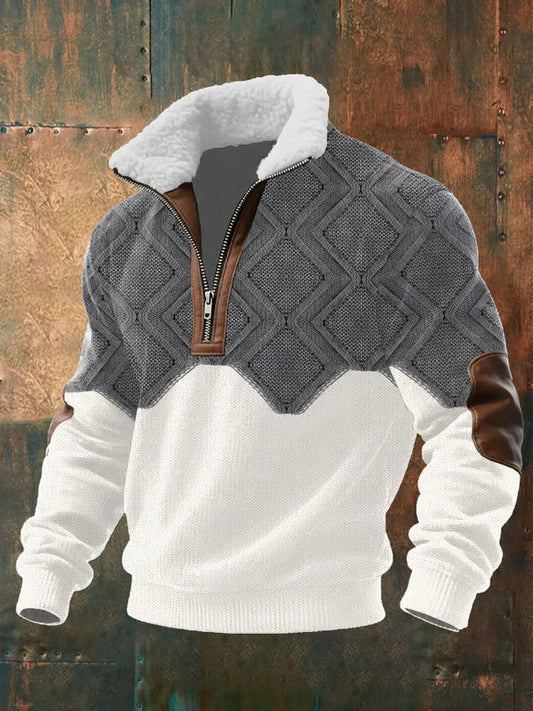 Men's cozy dark grey zip-up sweater for fall and winter. Warm, comfortable long-sleeve knit perfect for layering.