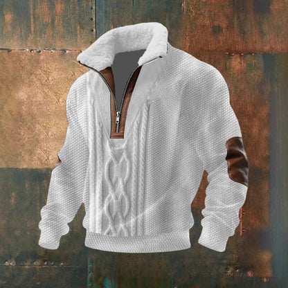 Warm and soft men's long-sleeve zip-up pullover sweater in a classic knit pattern. Perfect for cozy winter wear.