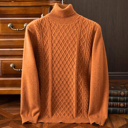 Men's cozy diamond cable knit turtleneck sweater. Warm winter fashion, classic style long sleeve knitwear.