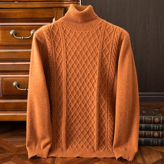 Men's cozy diamond cable knit turtleneck sweater. Warm winter fashion, classic style long sleeve knitwear.
