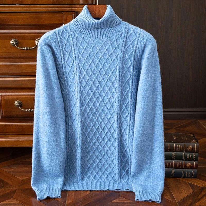 Long sleeve men's diamond cable knit turtleneck sweater. Perfect warm knitwear for fall & winter fashion.