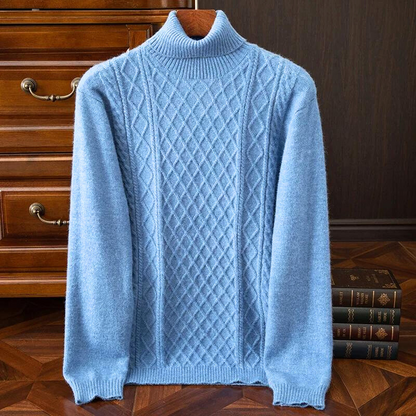 Long sleeve men's diamond cable knit turtleneck sweater. Perfect warm knitwear for fall & winter fashion.