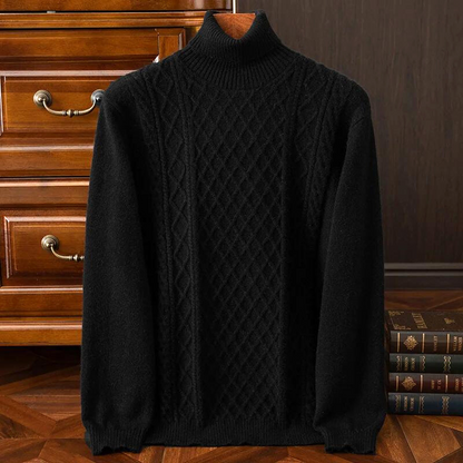 Cozy men's turtleneck sweater featuring a unique diamond cable knit. Warm, classic style menswear apparel.