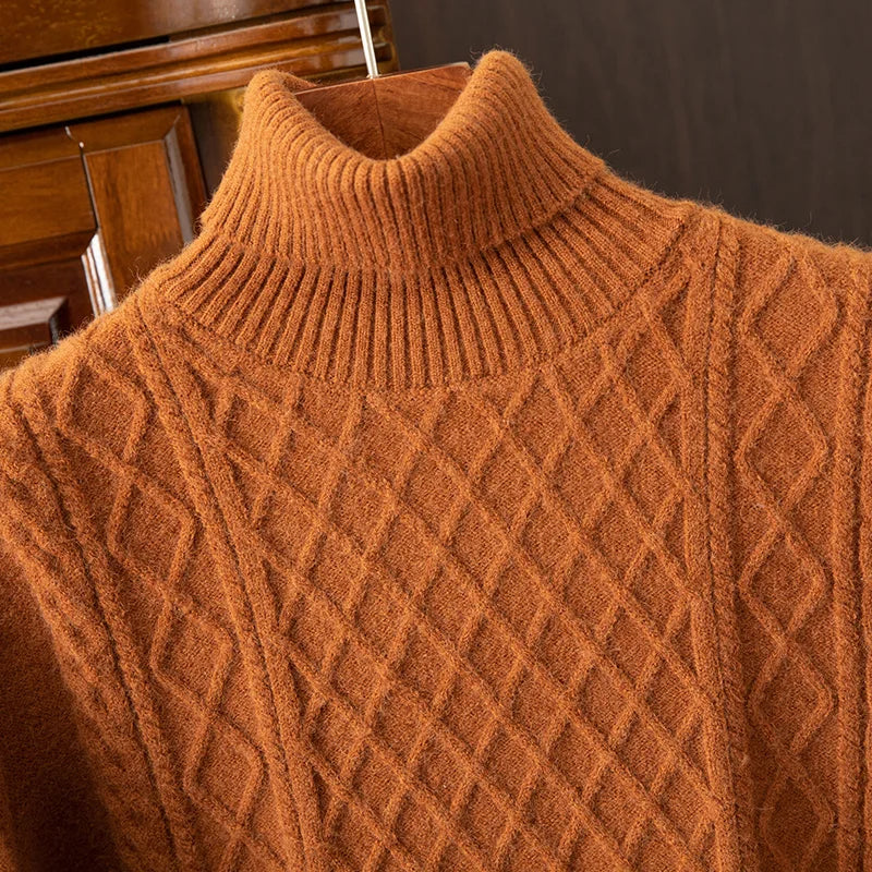 Front view of a warm men's diamond cable knit turtleneck sweater. Essential cozy knitwear for winter fashion.