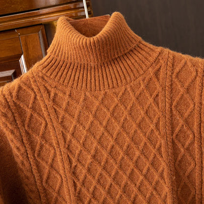 Front view of a warm men's diamond cable knit turtleneck sweater. Essential cozy knitwear for winter fashion.