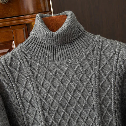Comfortable men's diamond cable knit turtleneck sweater. Ideal warm, classic style for fall & winter wear.