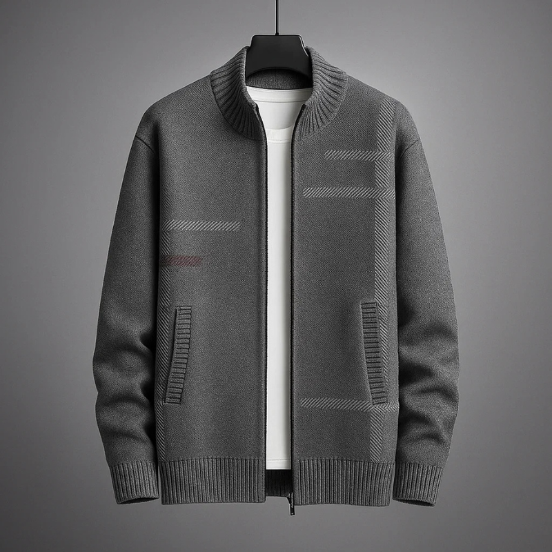 Stylish men's gray full-zip jacket, tailored fit, warm and cozy for comfortable everyday outerwear.