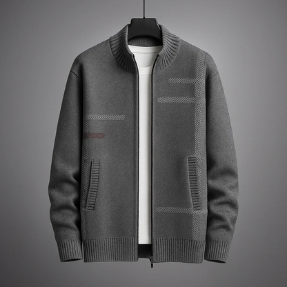 Stylish men's gray full-zip jacket, tailored fit, warm and cozy for comfortable everyday outerwear.
