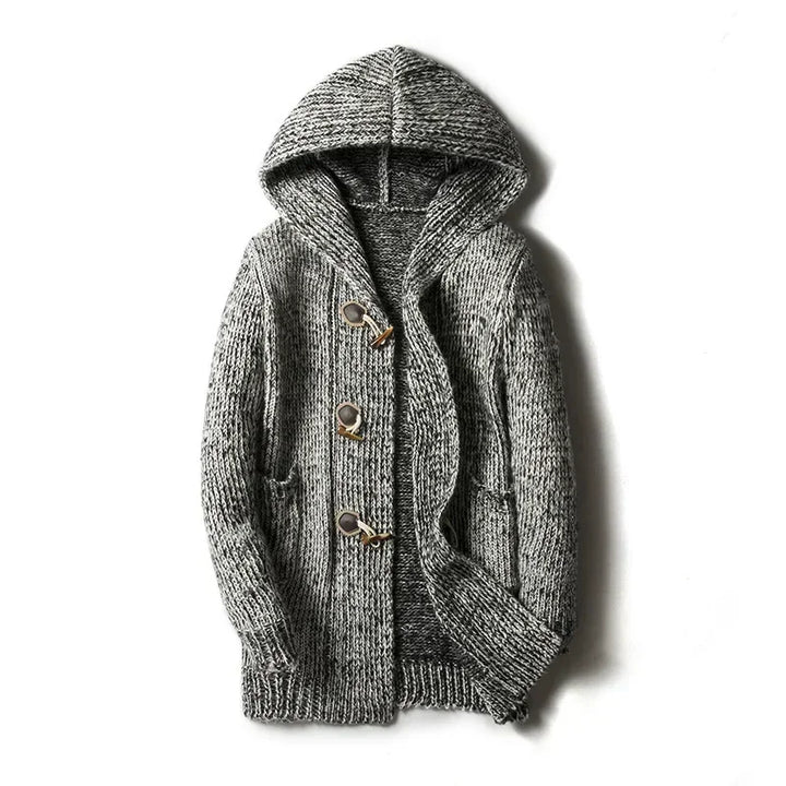Camel hooded men's cardigan with toggle closure, offering rugged comfort and warmth for casual wear.