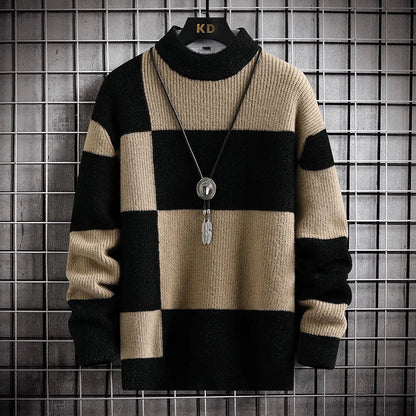 Men's cozy knit turtleneck sweater with a stylish check pattern, perfect for fall and winter casual wear.