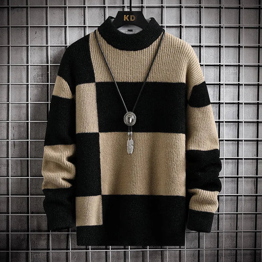Men's cozy knit turtleneck sweater with a stylish check pattern, perfect for fall and winter casual wear.