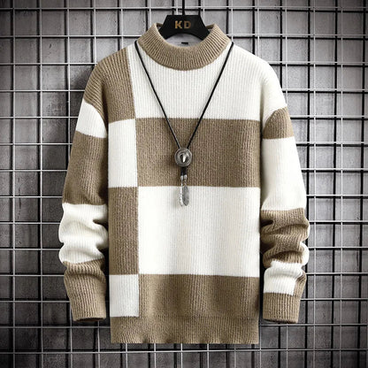 Timeless men's check knit sweater, a modern menswear layering piece for stylish fall and winter outfits.