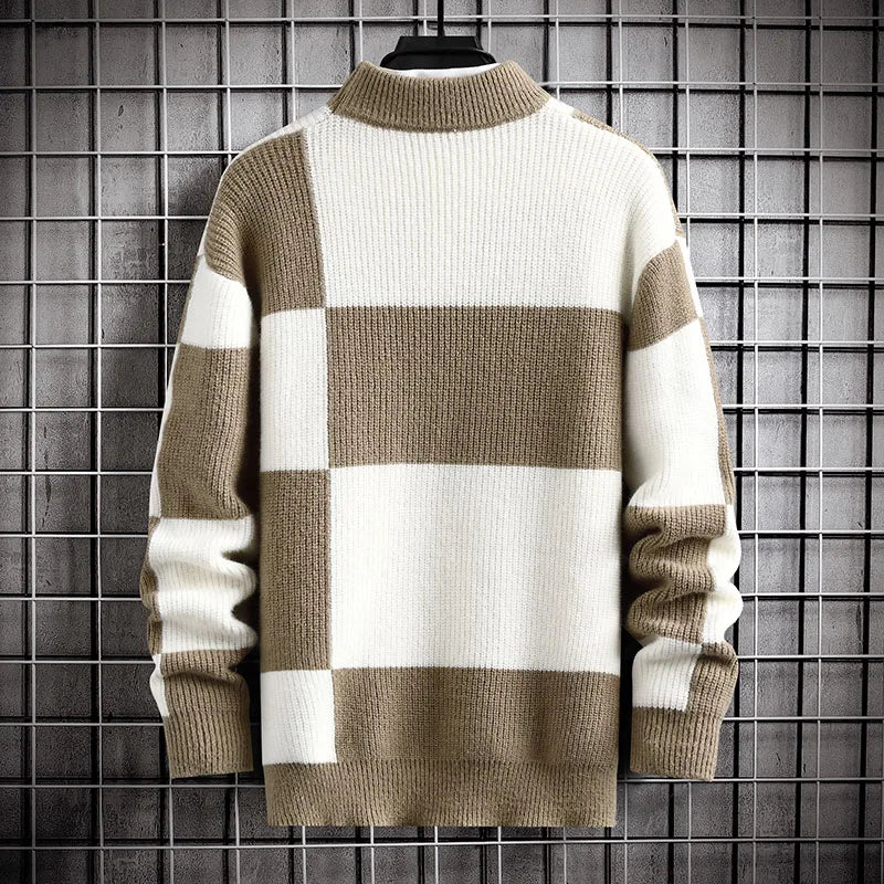 Men's comfortable check knit sweater, a long-sleeve turtleneck with a modern pattern for winter fashion.