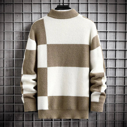 Men's comfortable check knit sweater, a long-sleeve turtleneck with a modern pattern for winter fashion.