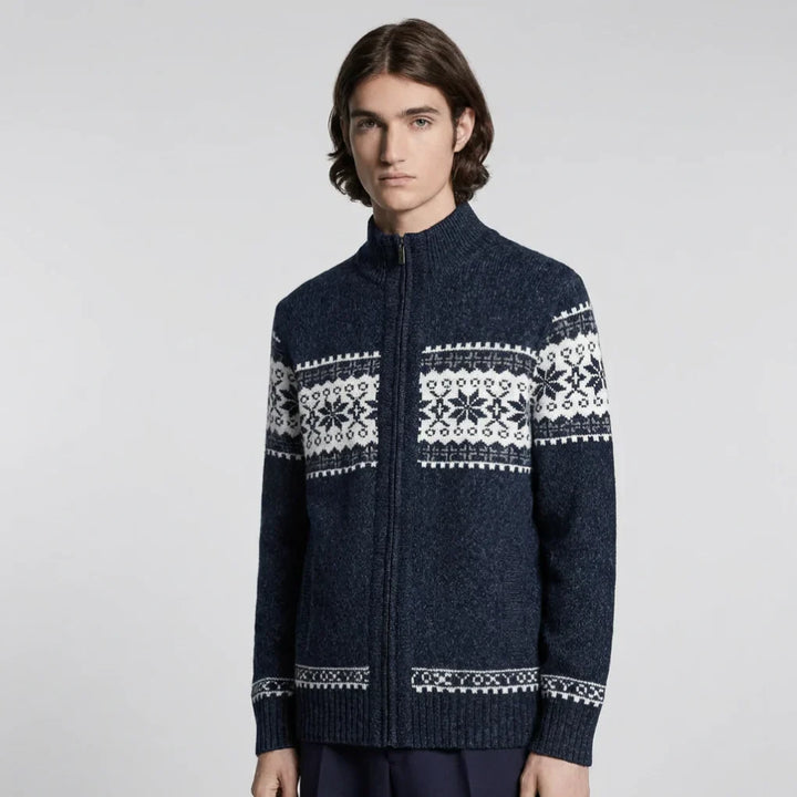 Men's cozy knitted winter cardigan, button-up design, perfect for layering & casual fashion.