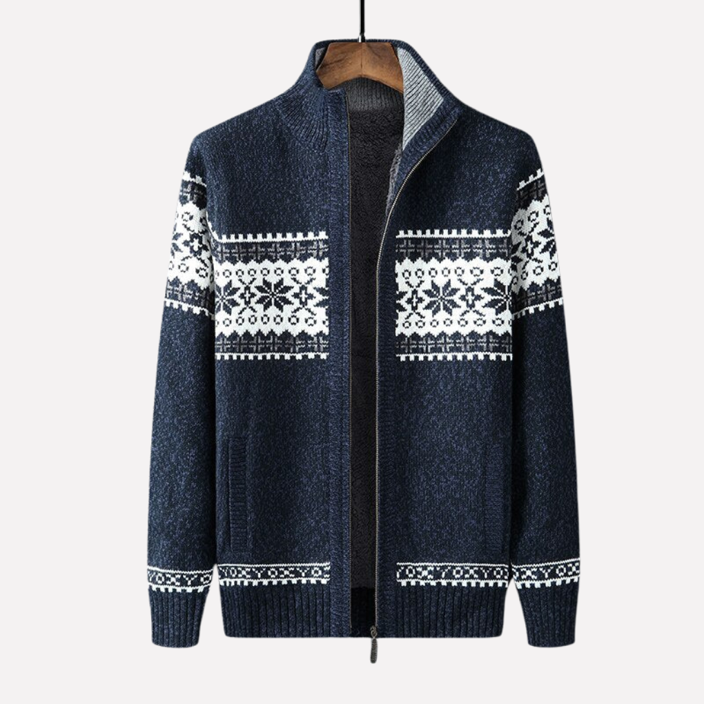 Detail of men's cozy knitted winter cardigan, showcasing warm texture & intricate knit pattern.
