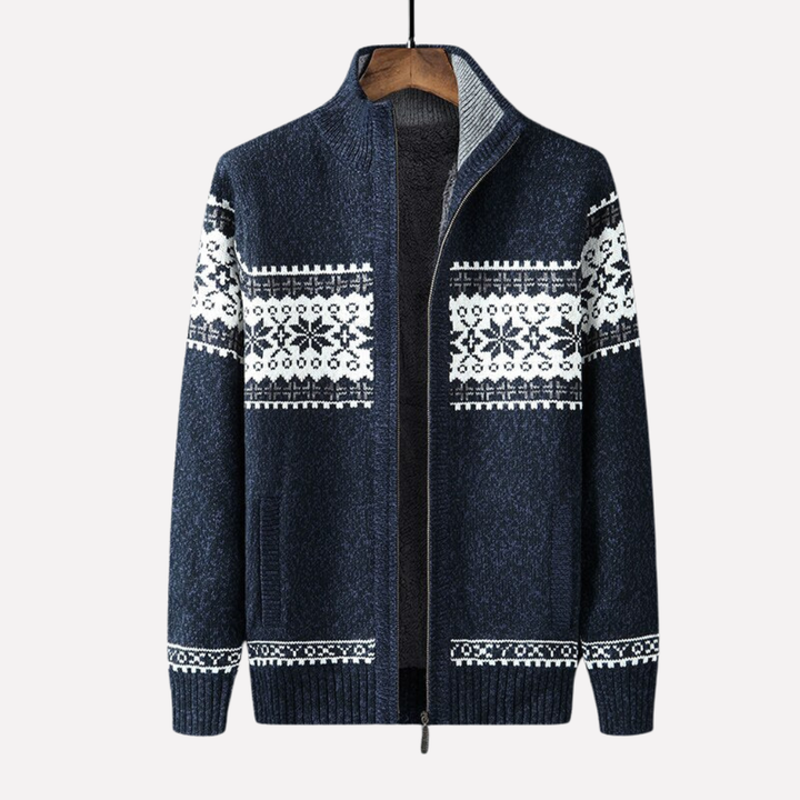 Detail of men's cozy knitted winter cardigan, showcasing warm texture & intricate knit pattern.