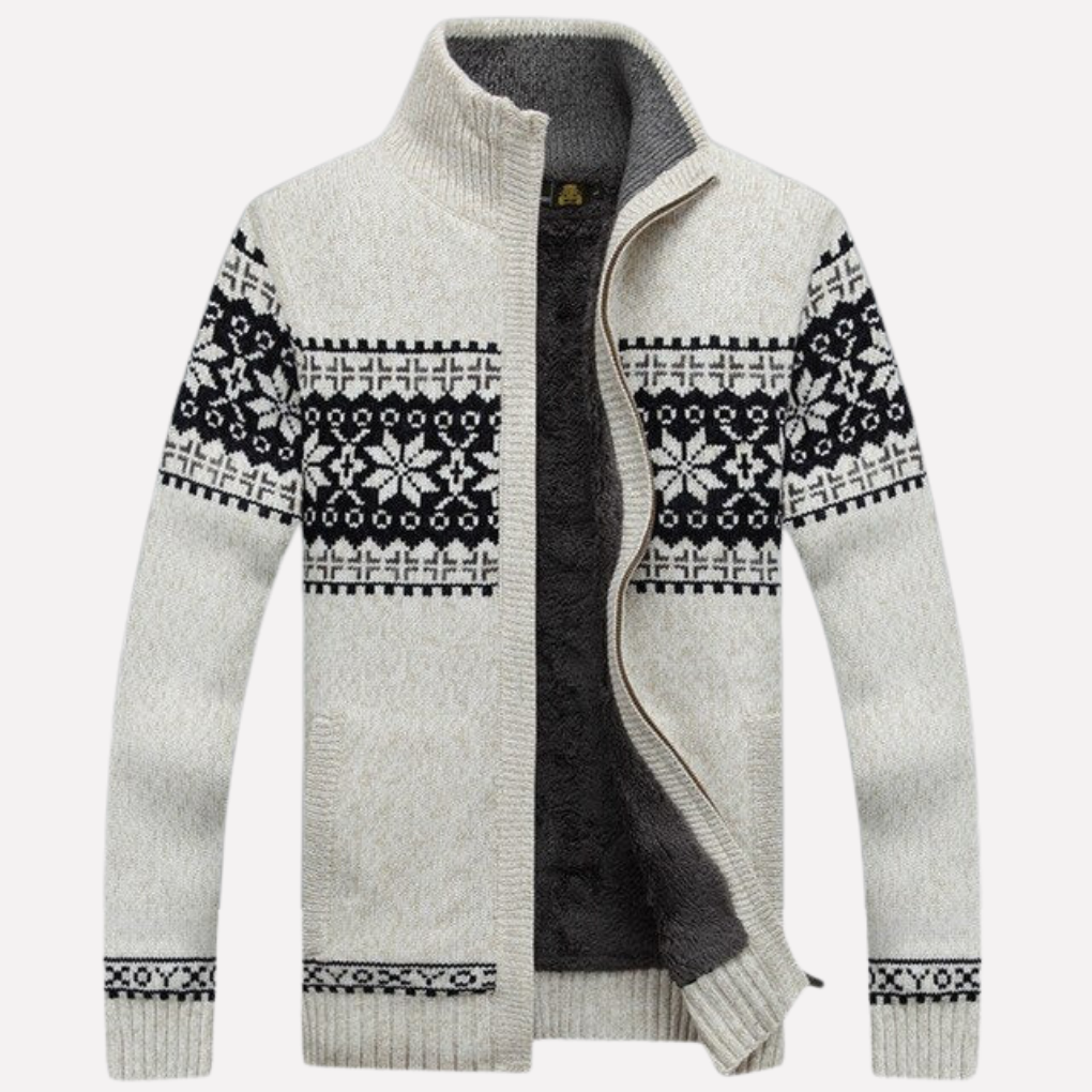 Stylish man in a cozy knitted winter cardigan, perfect long-sleeve outerwear for casual fashion.