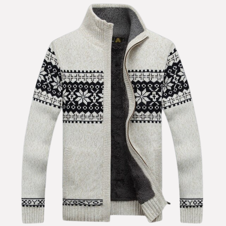 Stylish man in a cozy knitted winter cardigan, perfect long-sleeve outerwear for casual fashion.