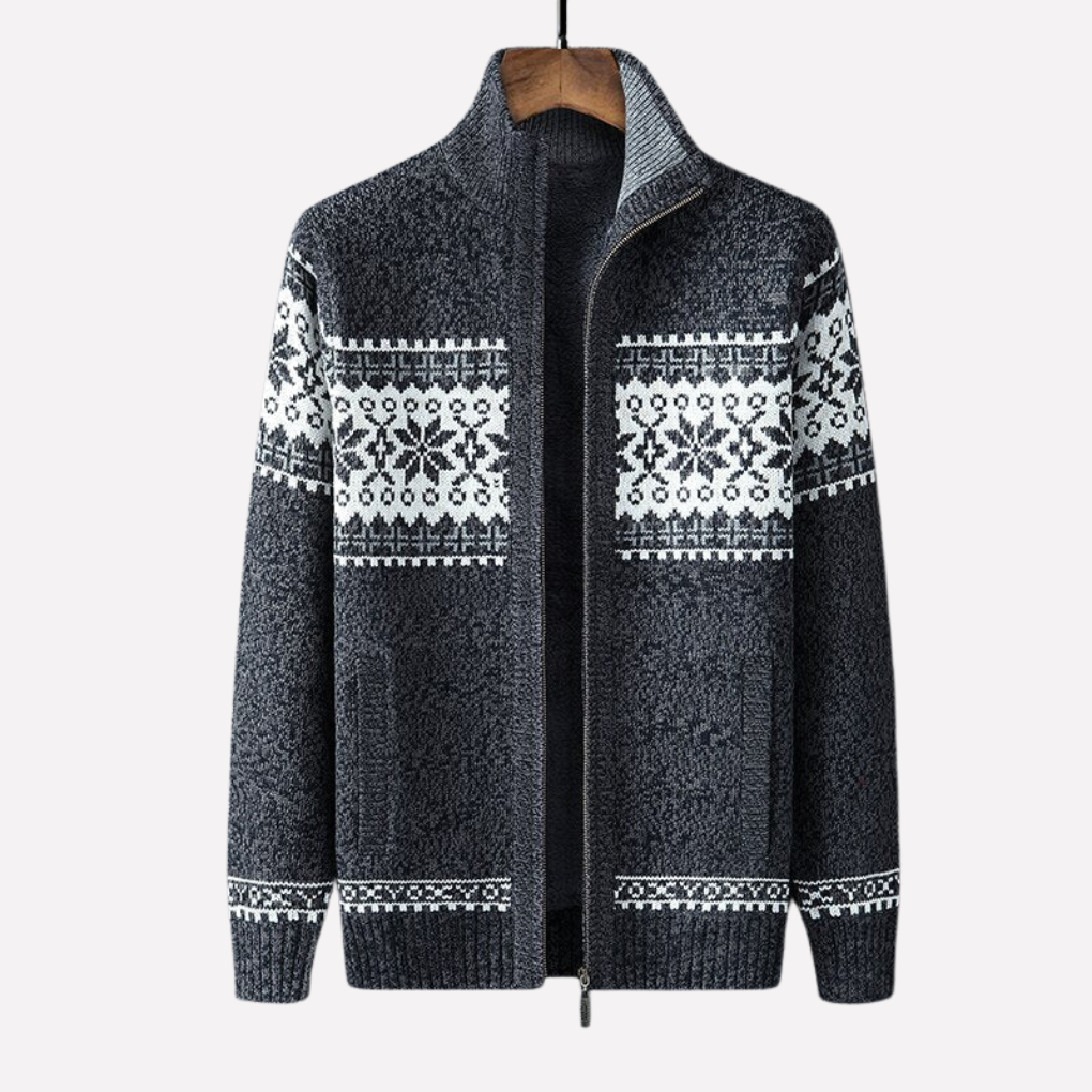 Men's long-sleeve cozy knitted winter cardigan, showcasing its comfortable fit & layering potential.