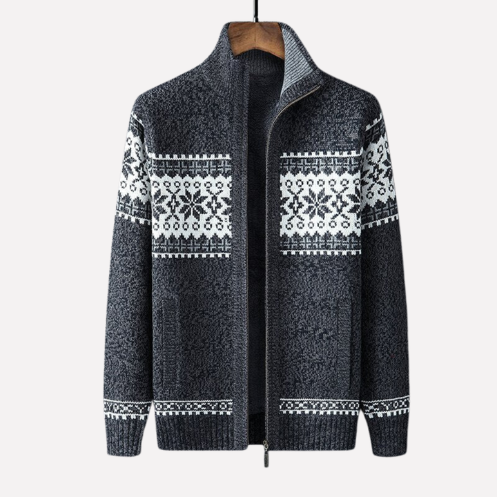Men's long-sleeve cozy knitted winter cardigan, showcasing its comfortable fit & layering potential.