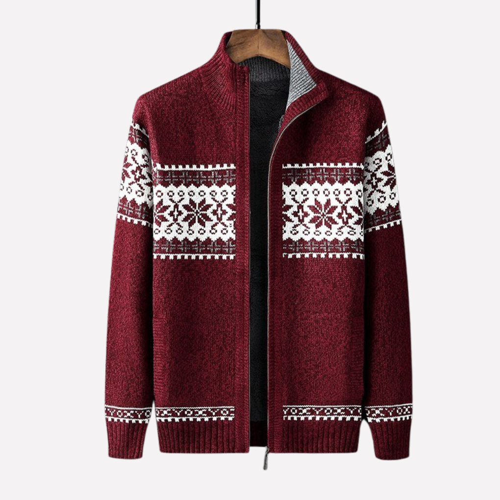 Men's cozy knitted button-up winter cardigan, a soft, warm long-sleeve sweater for cold weather.