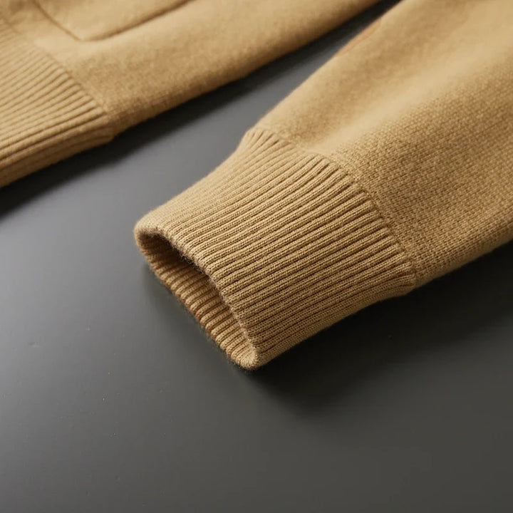 Comfortable men's long-sleeve sweater cardigan, a warm layering piece for cozy winter and autumn outfits.