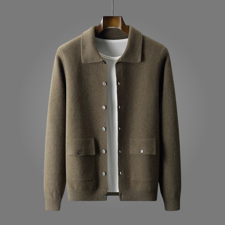 Stylish men's cozy long-sleeve cardigan sweater, soft and warm for versatile casual wear in cooler seasons.