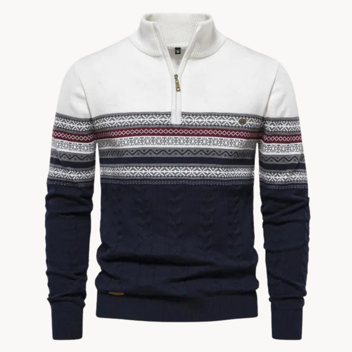 Men's cozy Nordic half-zip pullover. Stylish patterned knit sweater for warm winter fashion & casual comfort.