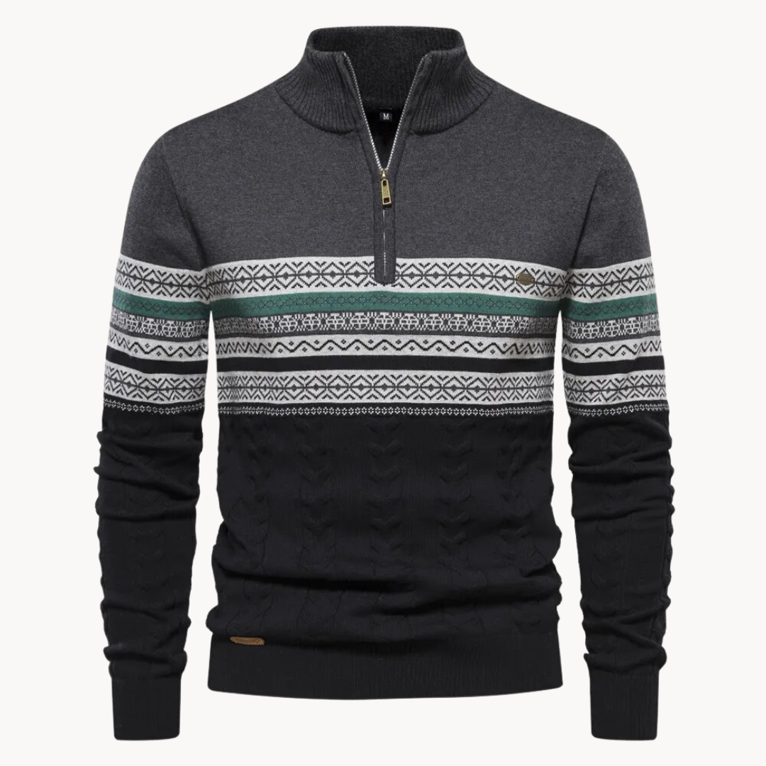 Men's patterned knit half-zip pullover, featuring a warm Nordic design for stylish winter layering.